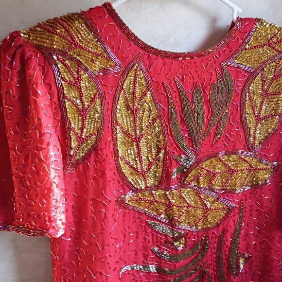 Vntg silk beaded red gold india dress eve’s allure 80s 90s glam holiday xl ml - Picture 10 of 15